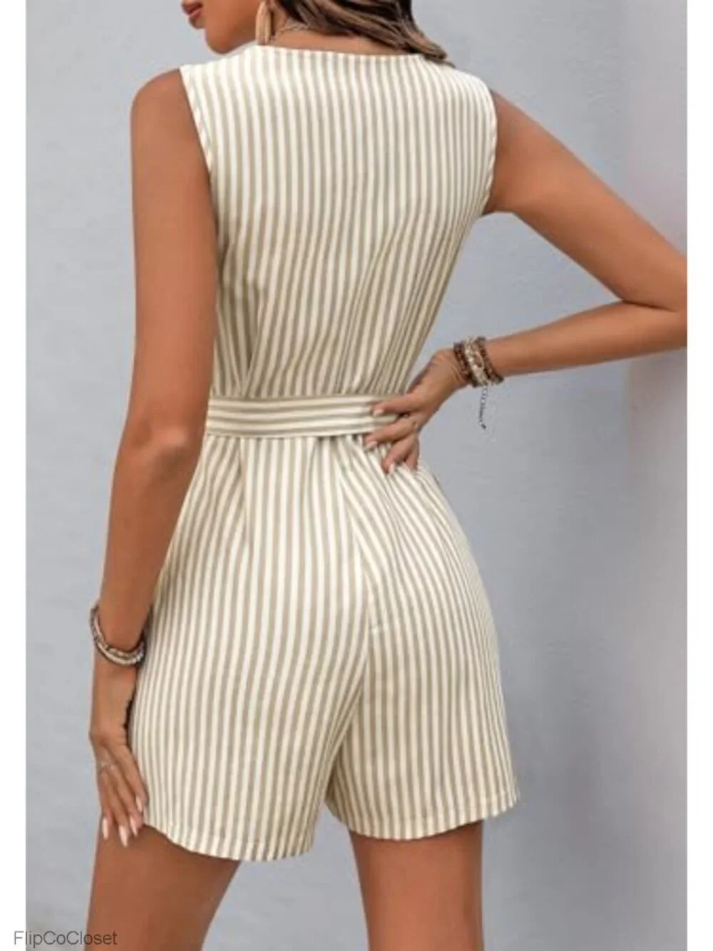 Women's Sleeveless V-Neck Button Up Striped Romper Short Jumpsuit with Pockets